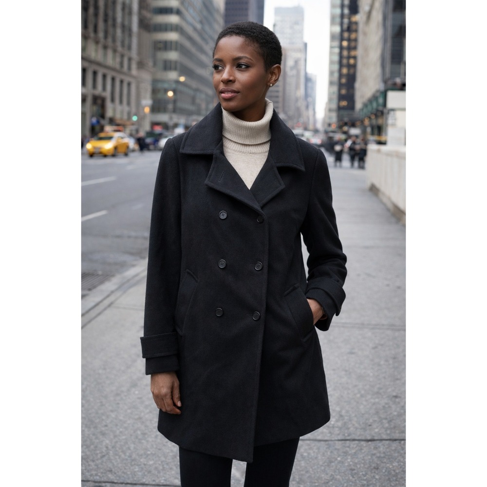 Black Wool Double Breasted Peacoat Sz 8 Larry Levine old money Sophisticated Y2K